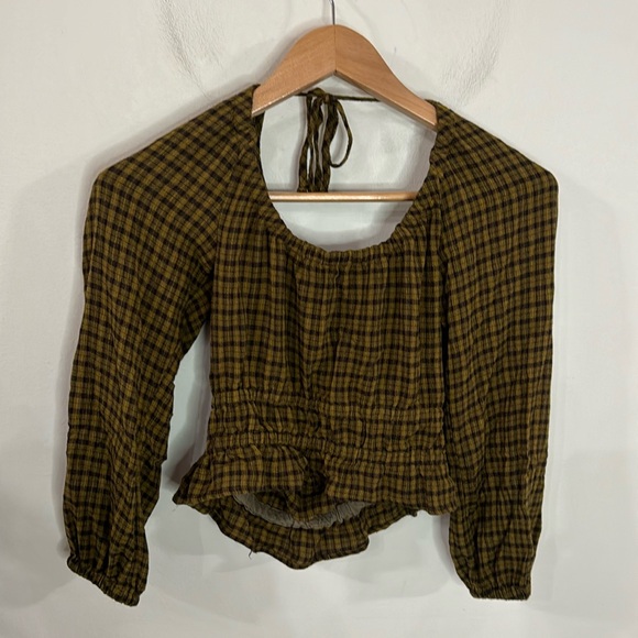 Madewell Tie-Back Cutout Top in Plaid Spiced Olive size XXS - Picture 3 of 9